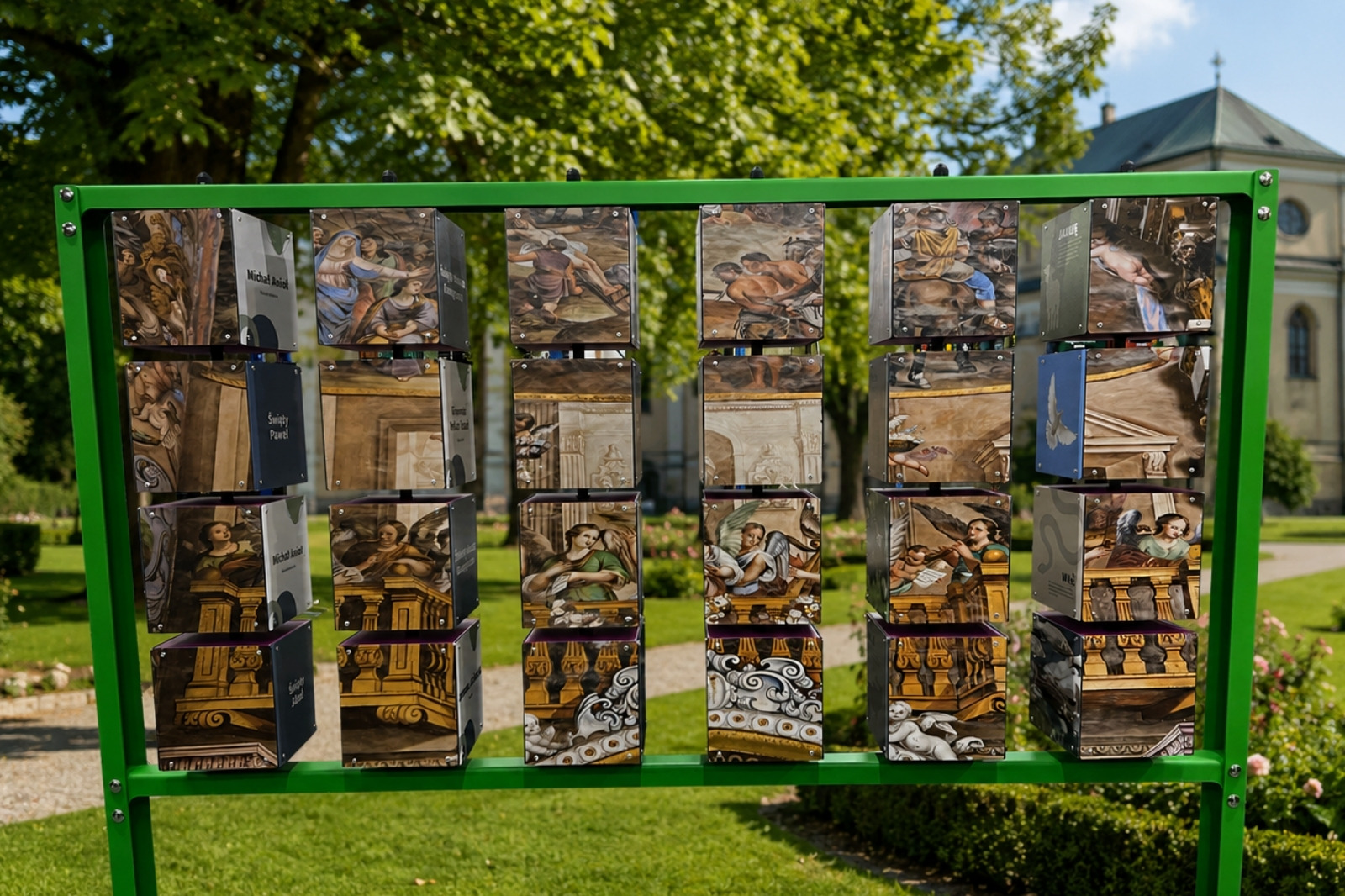 Biblijne Memory - zielona stalowa rama z obrotowymi kostkami, ustawiona na trawie przed kościołem