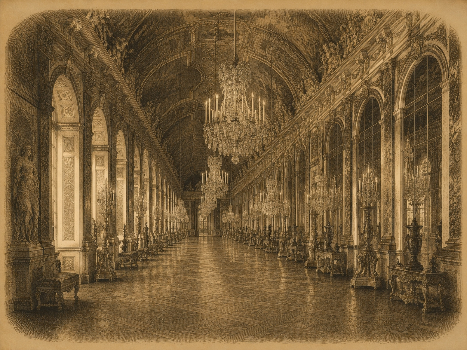 Rycina: Sala Lustrzana w&nbsp;Wersalu (Galerie des Glaces), 1678-1684