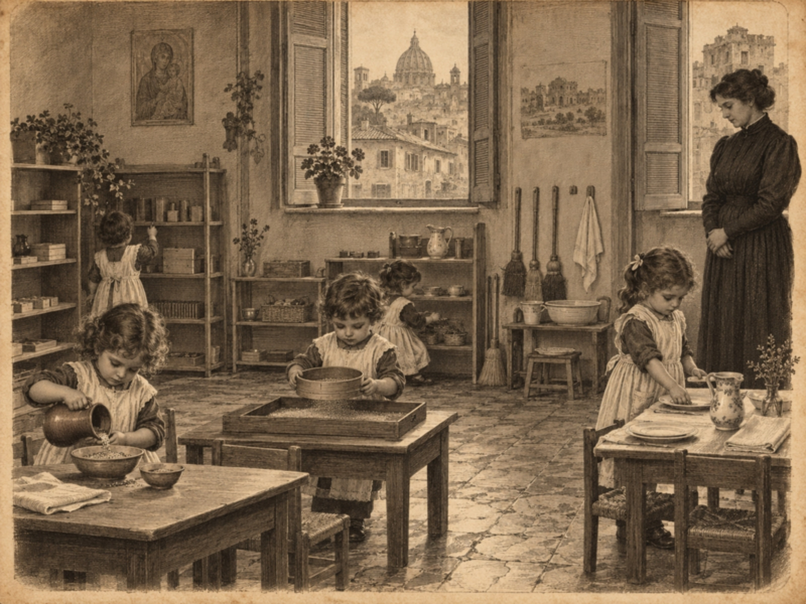 Maria Montessori w Casa dei Bambini, Rzym 1907 - dzieci przy prawdziwych naczyniach, sitach i miotełkach