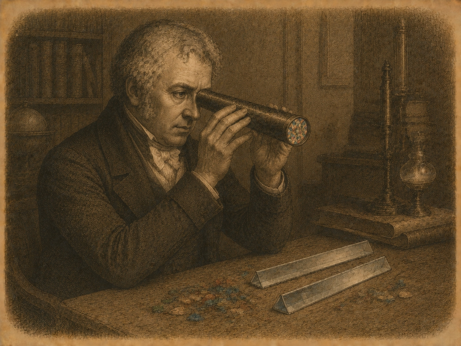 Rycina: Sir David Brewster i&nbsp;pierwszy kalejdoskop, 1816.