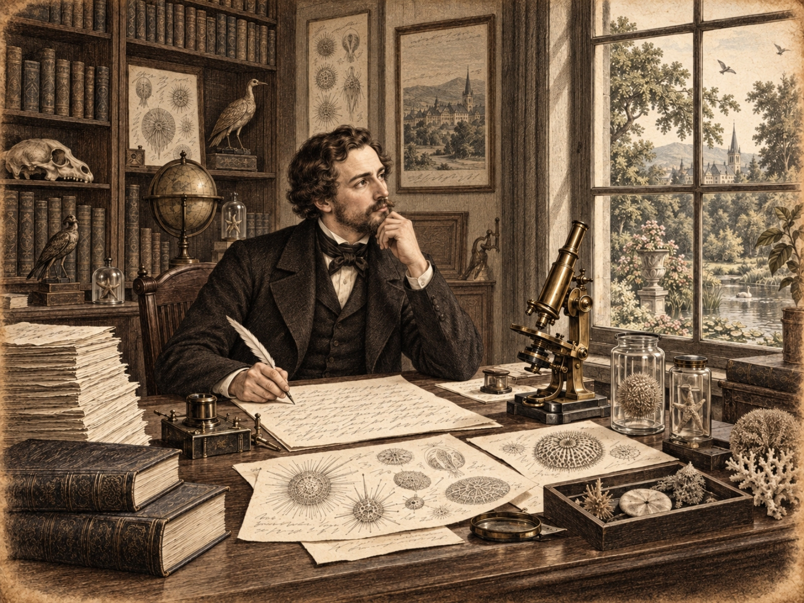 Scena w&nbsp;stylu ryciny - 32-letni zoolog Ernst Haeckel w&nbsp;1866 roku przy biurku w&nbsp;Jenie zapisuje nazwę nowej nauki.