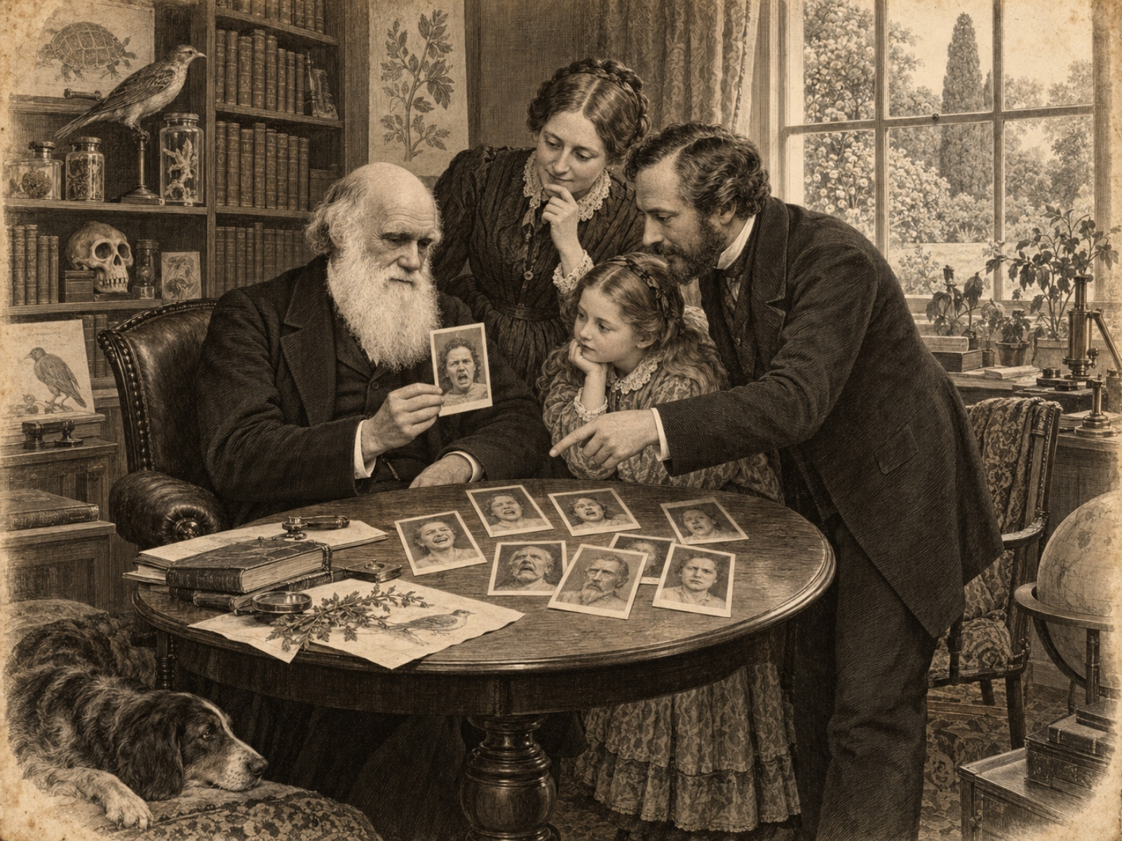 Scena w stylu XIX-wiecznej ryciny - Karol Darwin w gabinecie w Down House pokazuje domownikom i gościom fotografie twarzy, a oni odgadują uczucia.