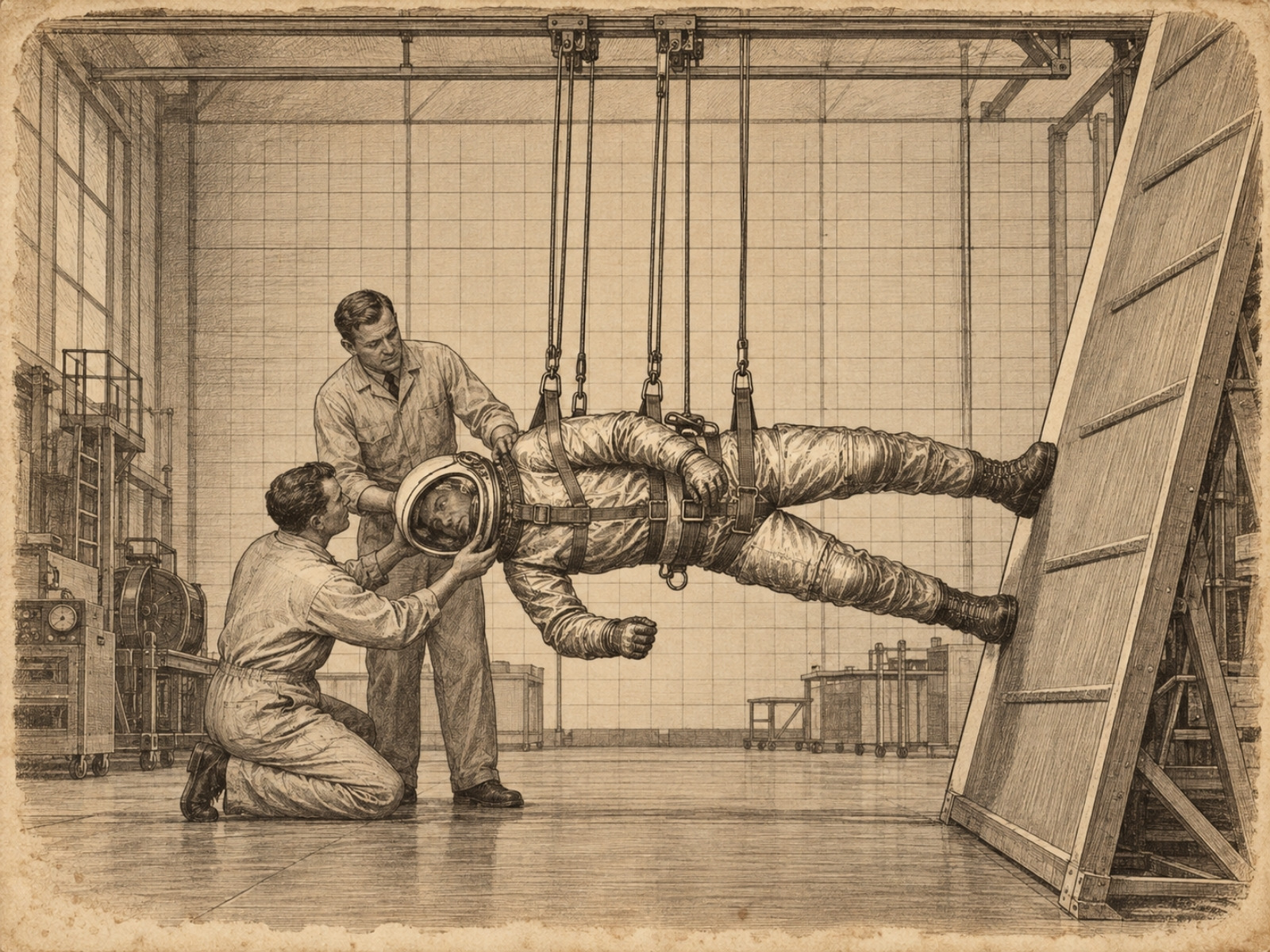 Scena w stylu ryciny - jak w NASA Langley w 1964 roku: człowiek w skafandrze wisi bokiem na pasach i opiera stopy o stromą ścianę. Pomagają mu dwaj technicy.