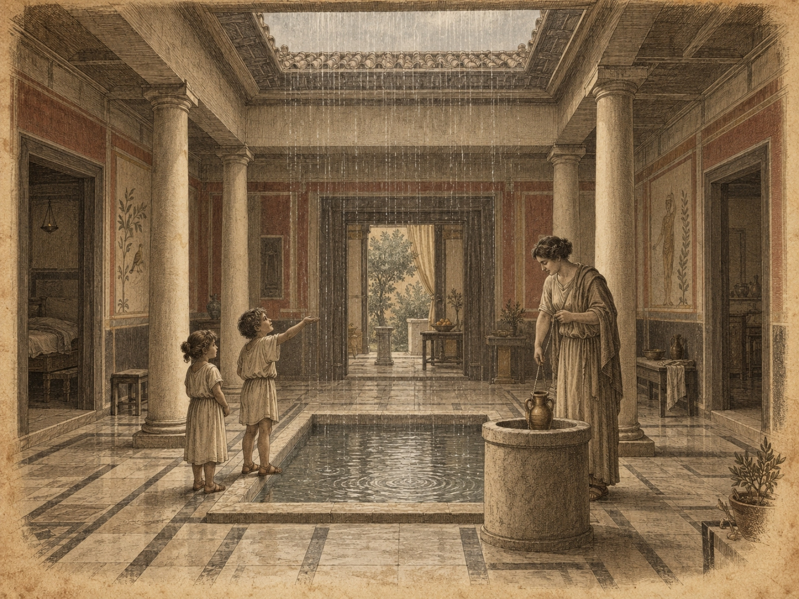 Scena w stylu dawnej ryciny - atrium rzymskiego domu w Pompejach, deszcz wpada przez otwór w dachu do basenu impluvium.
