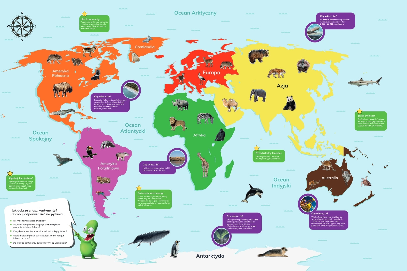 Tablica Kontynenty - magnetyczna mapa świata z&nbsp;siedmioma kontynentami w&nbsp;osobnych kolorach