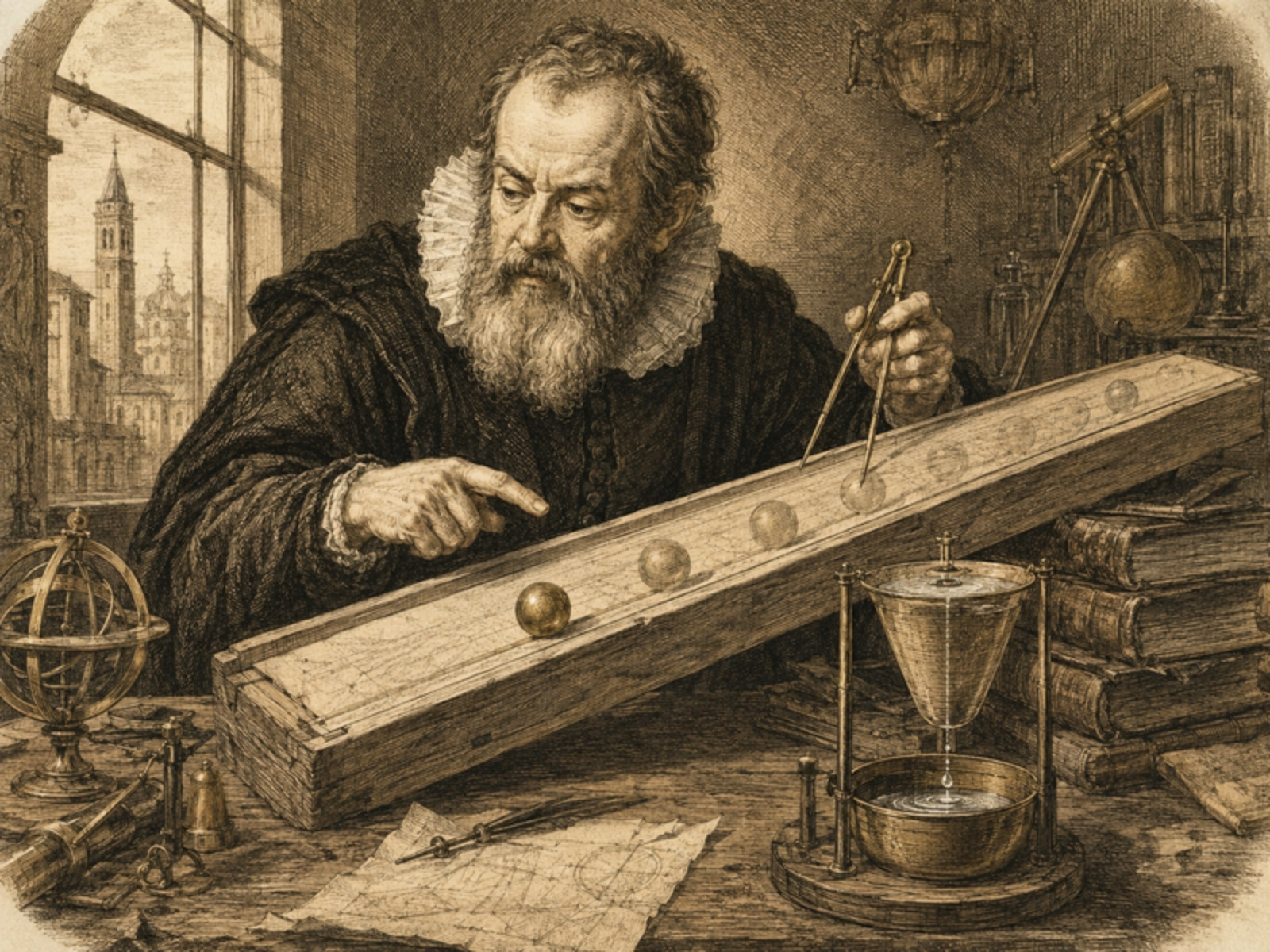 Galileusz toczy kulę z&nbsp;brązu po długiej drewnianej równi pochyłej w&nbsp;swojej pracowni w&nbsp;Padwie, około 1604 roku - geneza prawa spadku