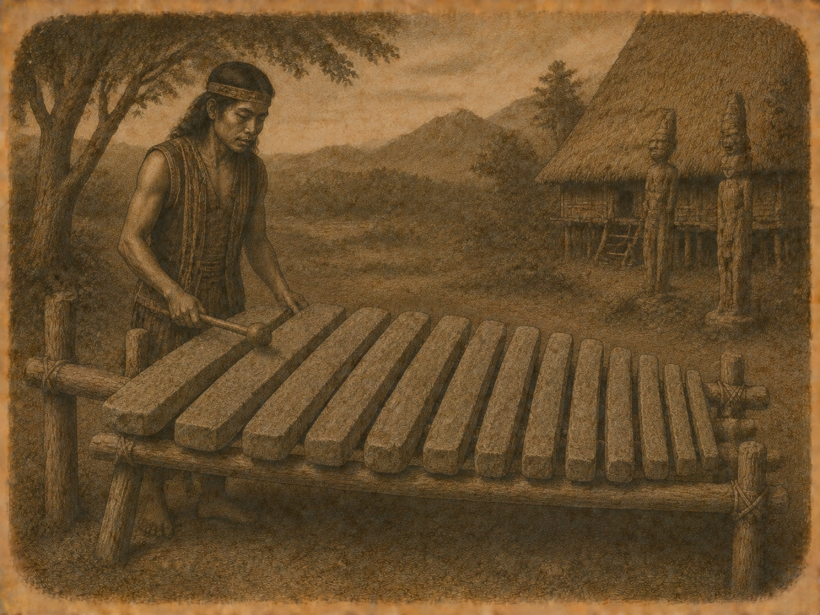 Rycina: Đàn đá - wietnamski instrument z Đắk Lắk, odkryty w 1949