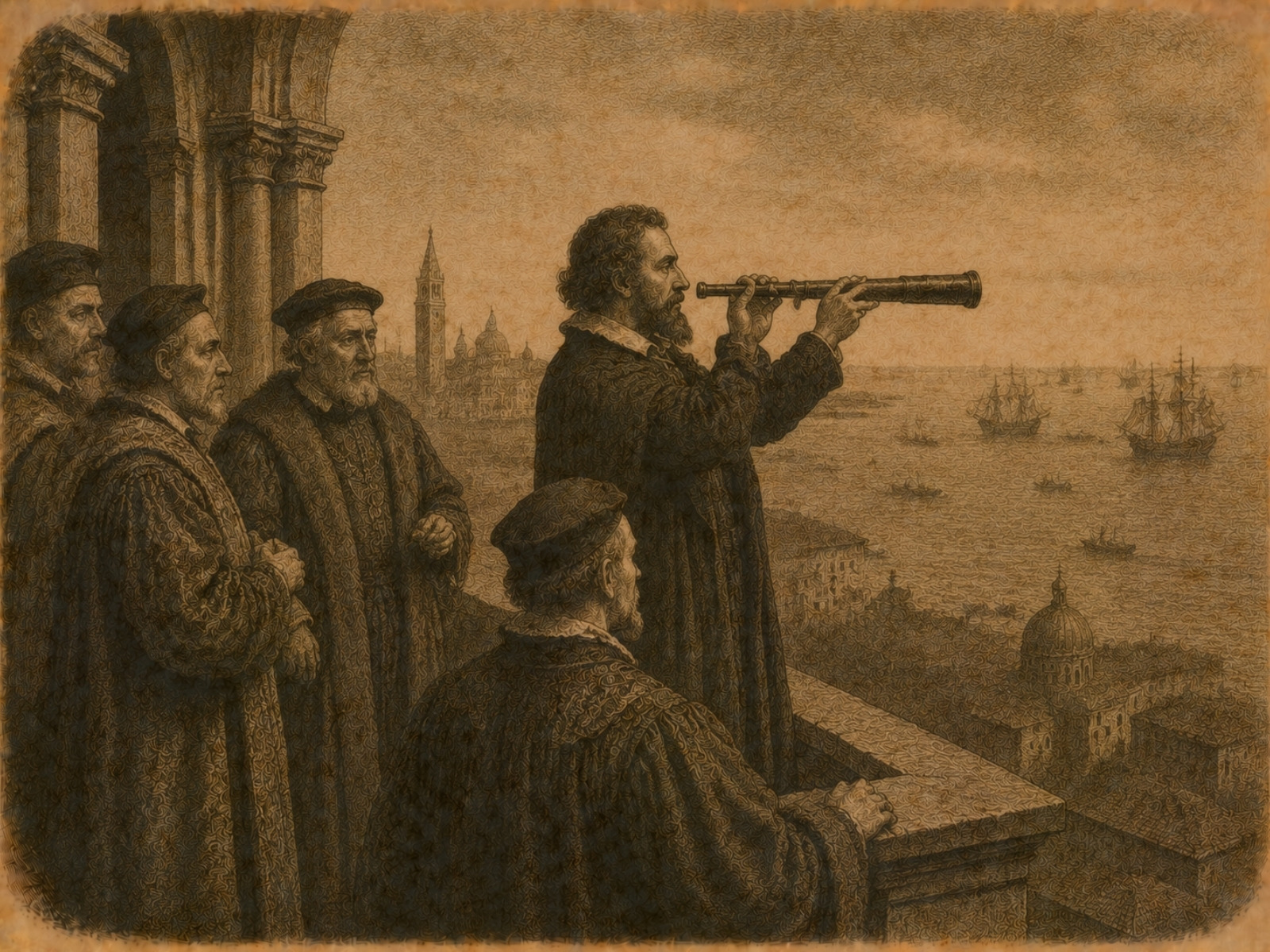 Rycina: Luneta Galileusza przed władzami Wenecji, 1609