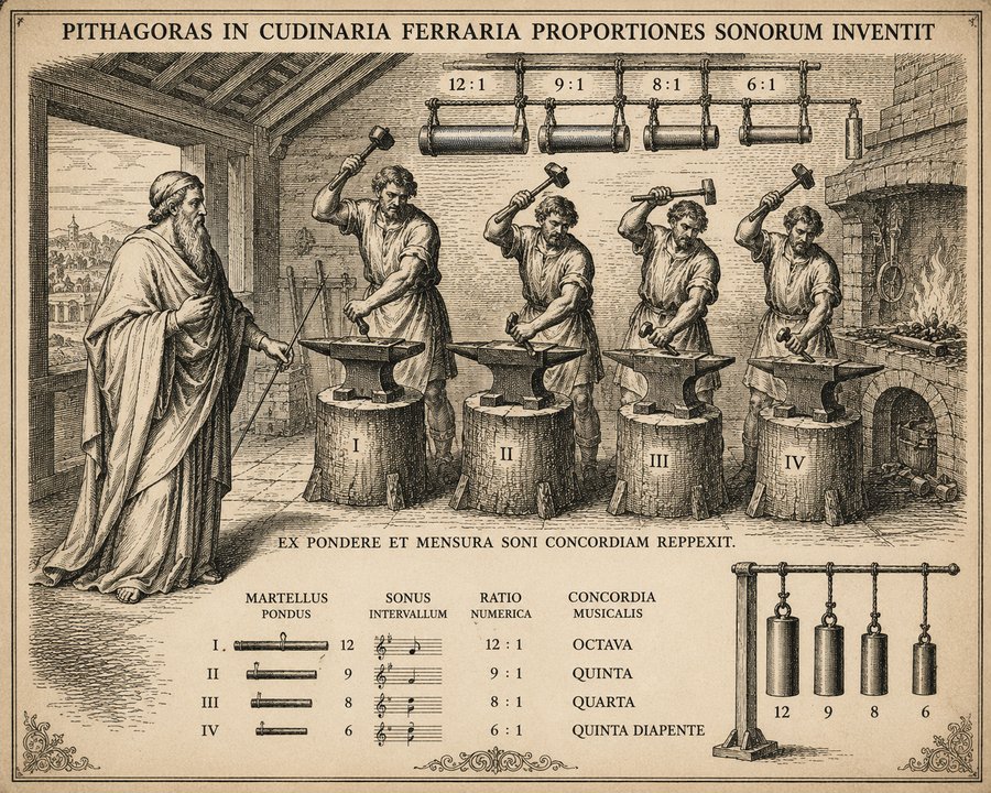 Pitagoras przy kowadle - schemat z XVI wieku.