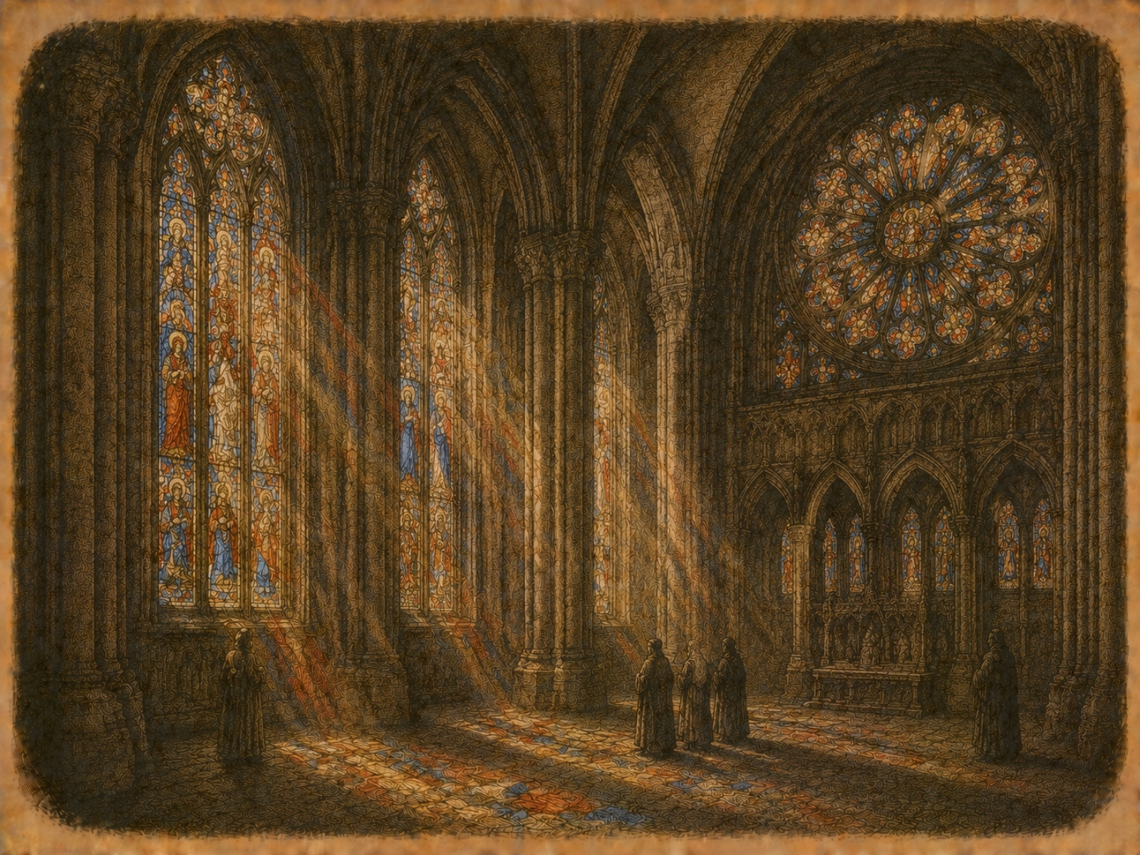 Rycina: Witraże gotyckiej katedry w Chartres, XII wiek