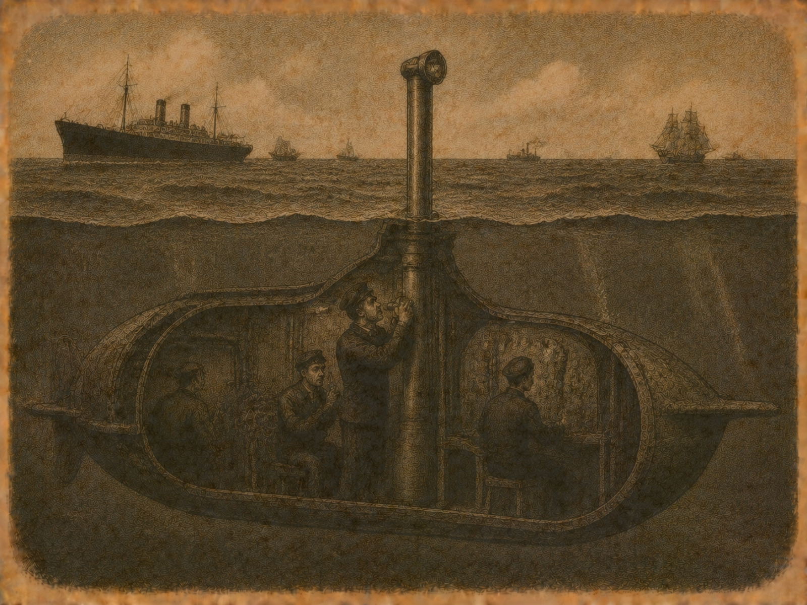 Rycina: Simon Lake i&nbsp;wczesne okręty podwodne, 1902