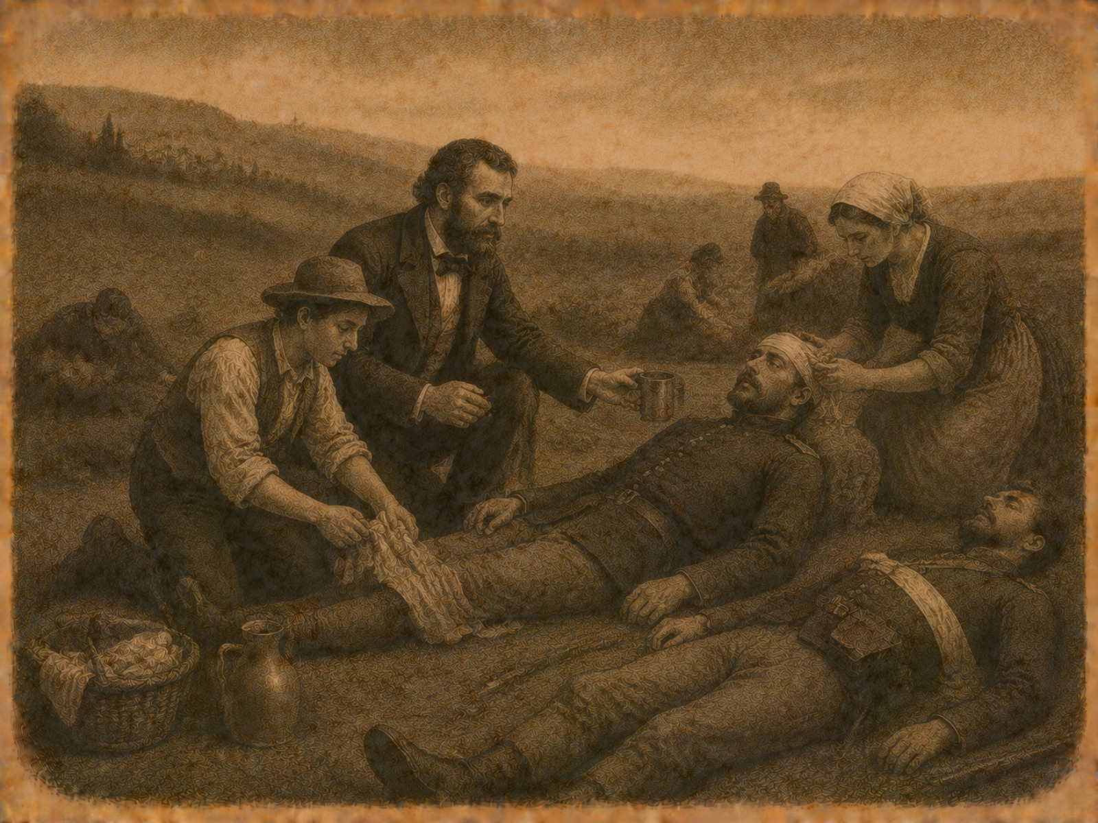 Rycina: Henri Dunant na polu bitwy pod Solferino, 1859.