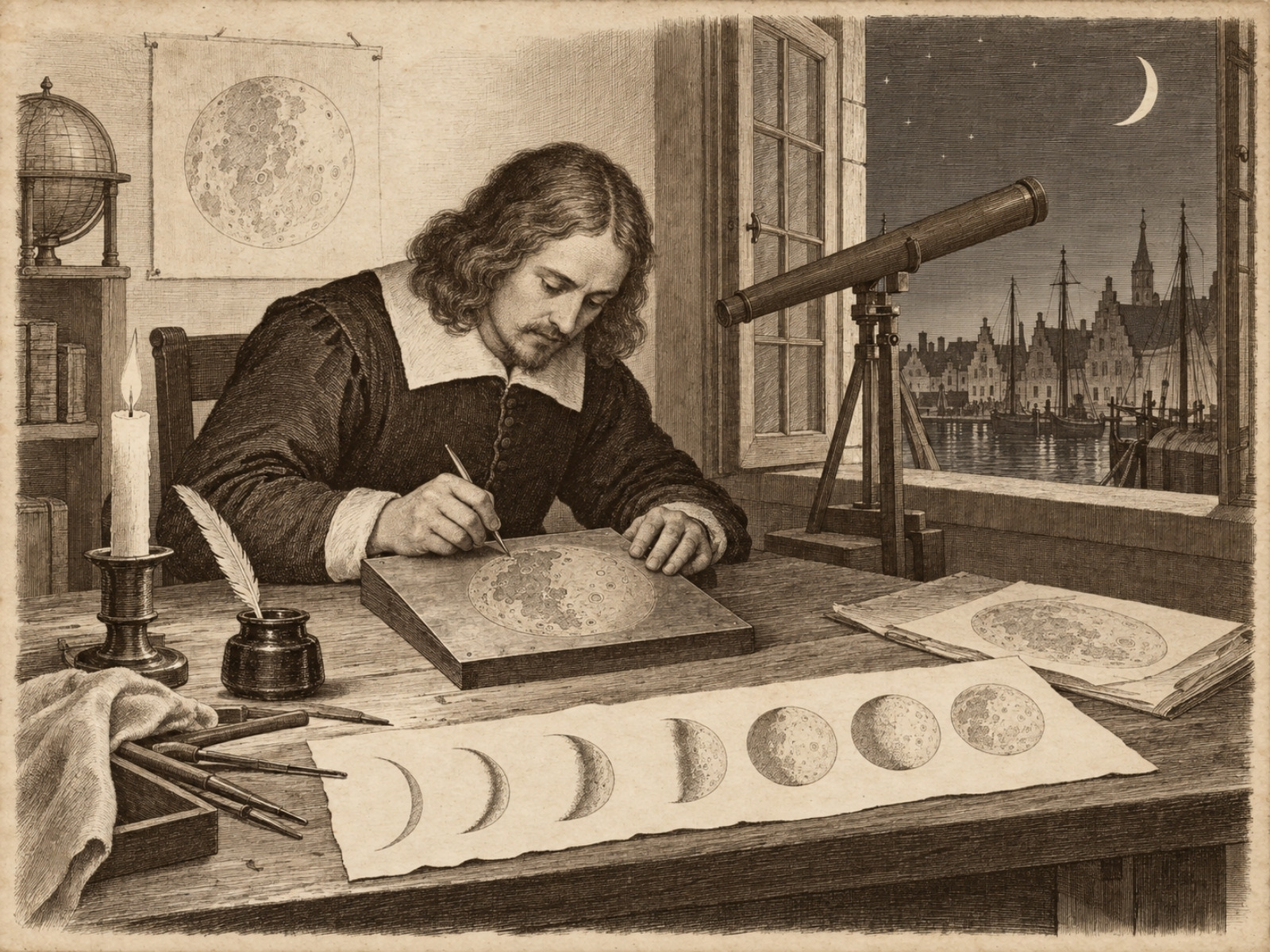 Rycina: Jan Heweliusz przy lunecie w&nbsp;Gdańsku rytuje mapę Księżyca do atlasu „Selenographia”, 1643-1647