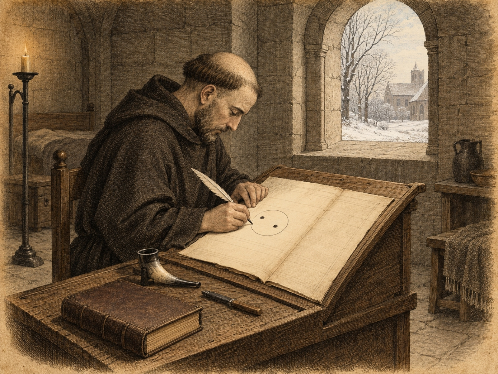 Mnich Jan z Worcesteru rysuje w kronice Słońce z dwiema czarnymi plamami, 1128