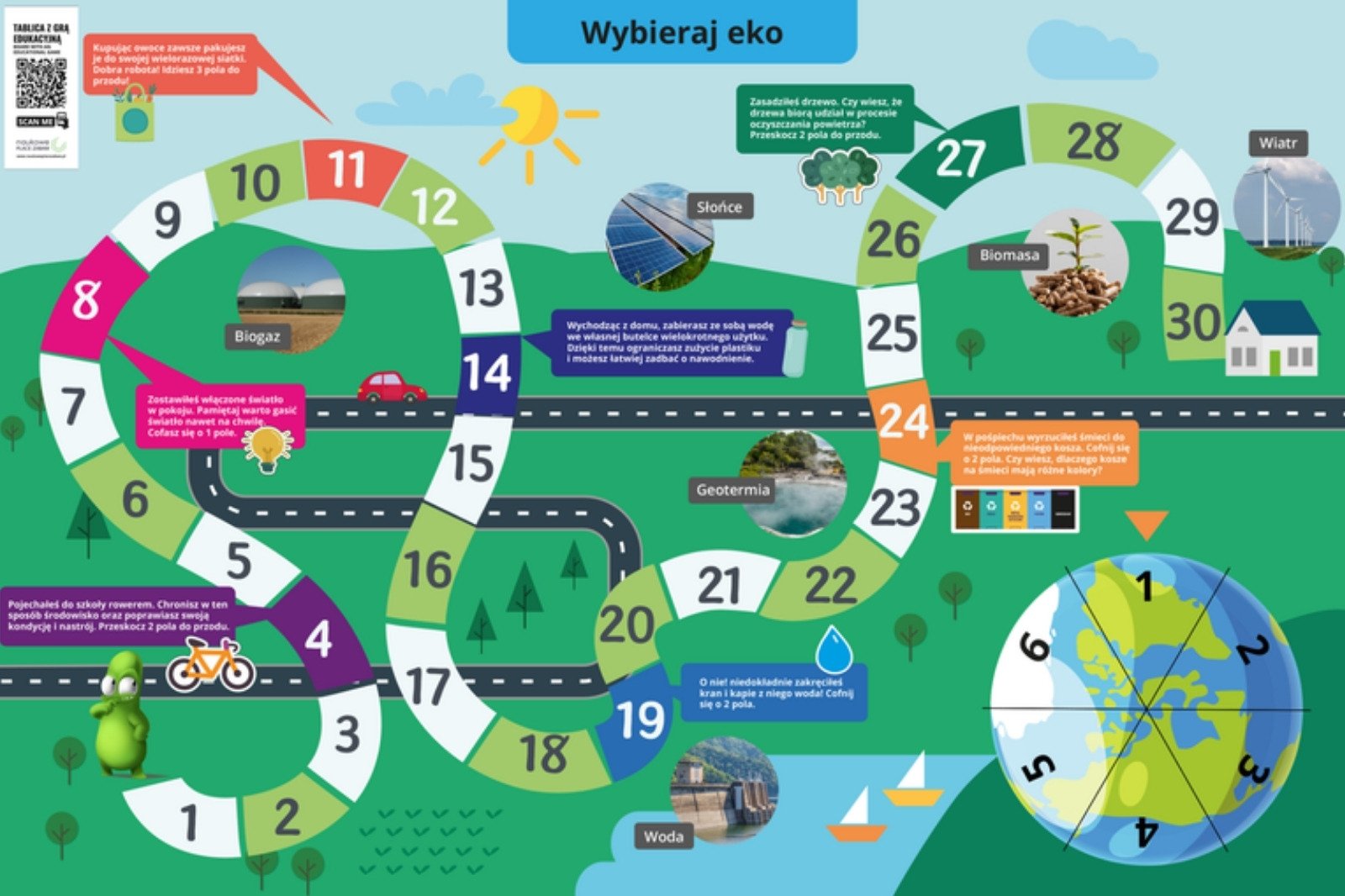 Tablica z grą EKO - grafika planszy „Wybieraj eko” z dymkami o rowerze, świetle, siatce, butelce, kranie i drzewie