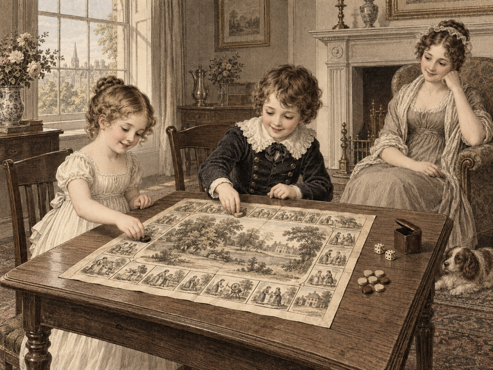 Ilustracja w stylu dawnej ryciny: w salonie dwoje dzieci gra na planszy w rodzaju The Mansion of Happiness z 1800 roku, a z fotelu przygląda się kobieta