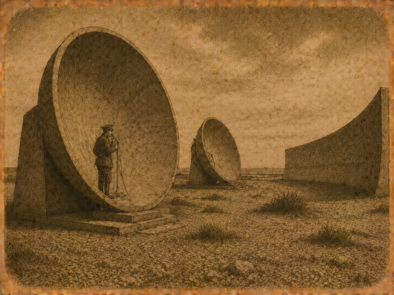 Rycina: Betonowe zwierciadła dźwiękowe w Denge, hrabstwo Kent, 1928-1930.
