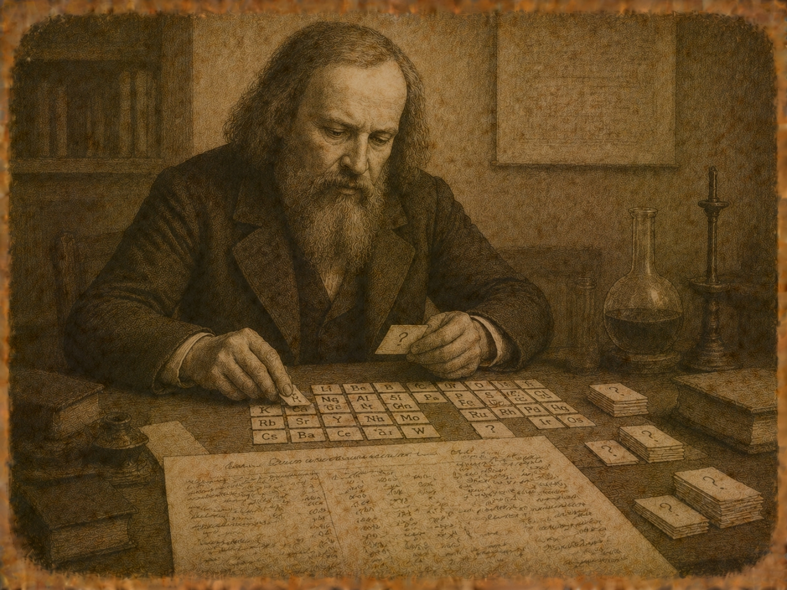 Rycina: Dmitrij Mendelejew układa pierwszą tablicę pierwiastków, 1869